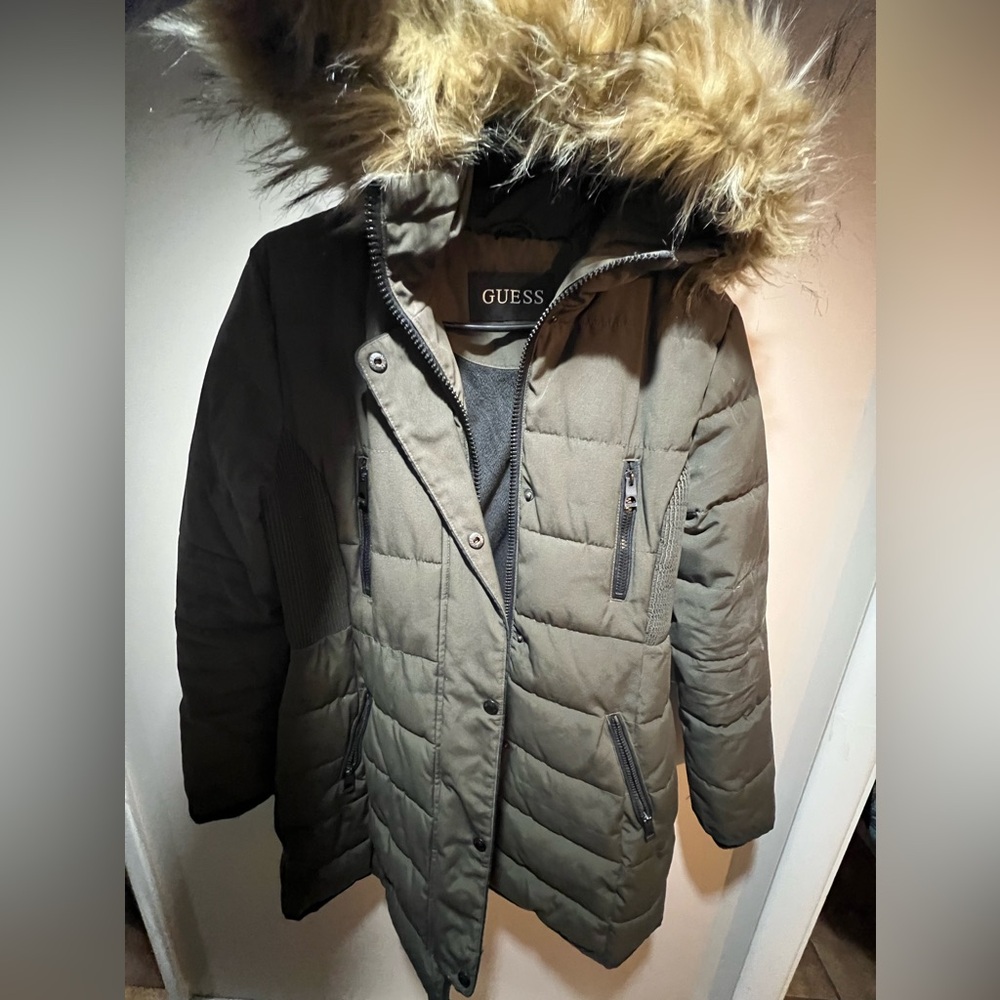 Guess Quilted Puffer Jacket Fur-Trimmed Hood